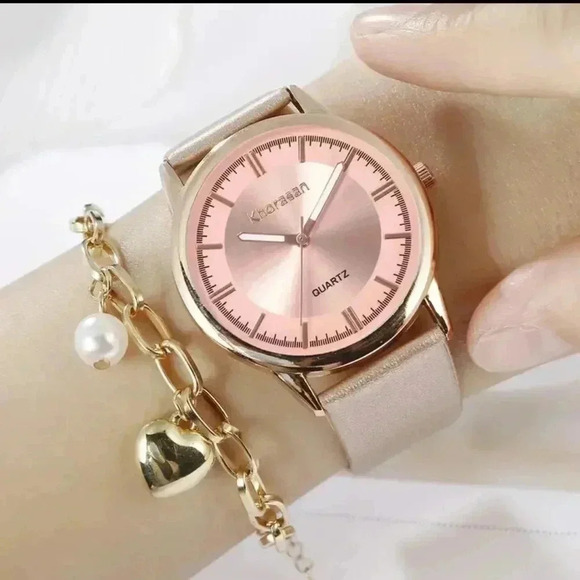 None Accessories - 1pc Golden Leather Strap Quartz Watch +1pc Faux Pearl Heart Love Alloy Bracelet